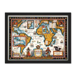 "Artery8 Wall Art Print Map Harbold 1938 Famous Pirates World Pictorial Large Framed Wall Décor Art in Light Oak - Size: W18"" x H24""" - thumbnail 1