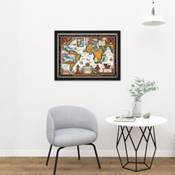 "Artery8 Wall Art Print Map Harbold 1938 Famous Pirates World Pictorial Large Framed Wall Décor Art in Light Oak - Size: W18"" x H24""" - thumbnail 2