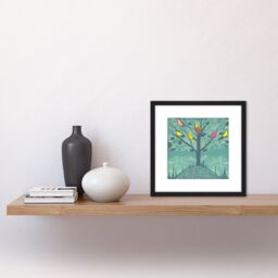 Artery8 Colourful Birds Perching on Lone Tree Branches in Teal Blue Mountain Landscape Square Wooden Framed Wall Art Print Picture 8X8 Inch in Black - thumbnail 2