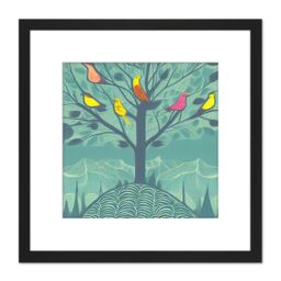 Artery8 Colourful Birds Perching on Lone Tree Branches in Teal Blue Mountain Landscape Square Wooden Framed Wall Art Print Picture 8X8 Inch in Black - thumbnail 1