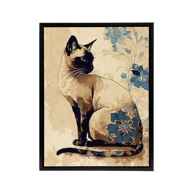"Artery8 Siamese Cat Floral Watercolour Portrait Framed Canvas Wall Art Print - Size: W12"" x H16""" - image 1