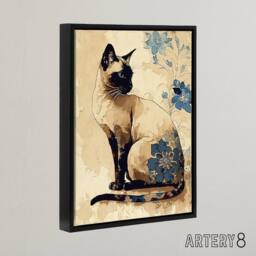 "Artery8 Siamese Cat Floral Watercolour Portrait Framed Canvas Wall Art Print - Size: W12"" x H16""" - thumbnail 2