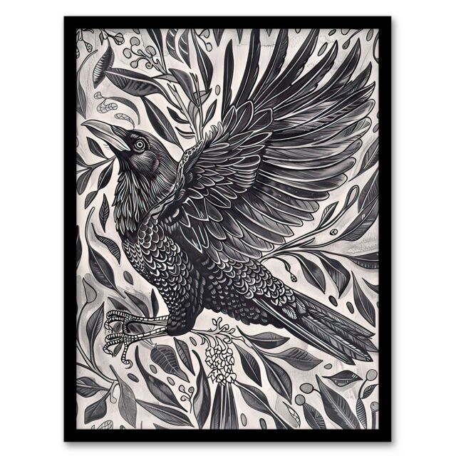 Artery8 Wild Black Raven in Flight Painting Magic Gothic Framed Art Print - Size: A4 - image 1