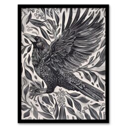 Artery8 Wild Black Raven in Flight Painting Magic Gothic Framed Art Print - Size: A4 - thumbnail 1