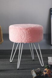 Living and Home Soft Fluffy Pink Low Chair Dressing Footstool with Metal Leg - thumbnail 1