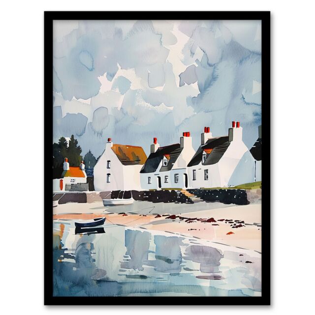 "Artery8 Isle Jura Fisherman Seaside Cottages Watercolour Framed Art Print in Blue - Size: W12"" x H16""" - image 1