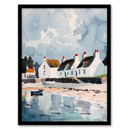 "Artery8 Isle Jura Fisherman Seaside Cottages Watercolour Framed Art Print in Blue - Size: W12"" x H16""" - thumbnail 1