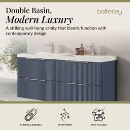 Balterley Fluted Wall Hung 4 Drawer Vanity Basin Unit & Basin 1200mm, Satin Blue - thumbnail 2