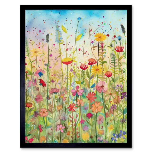 "Artery8 Wall Art Print Summer Wild Flower Blossom Meadow Folk Art Framed in Black - Size: W12"" x H16""" - image 1
