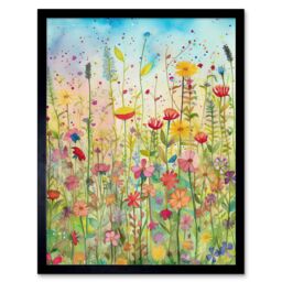 "Artery8 Wall Art Print Summer Wild Flower Blossom Meadow Folk Art Framed in Black - Size: W12"" x H16""" - thumbnail 1