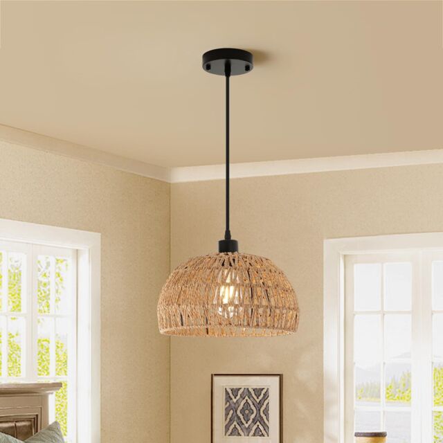 Garwarm Boho E27 Semi Flush Mount Ceiling Light Farmhouse Rattan Pendant Light in Brown - image 1