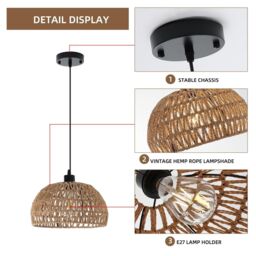 Garwarm Boho E27 Semi Flush Mount Ceiling Light Farmhouse Rattan Pendant Light in Brown - thumbnail 6