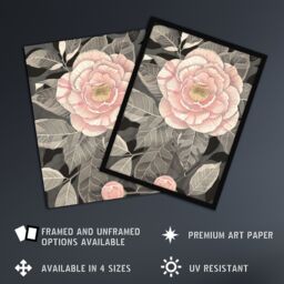 "Artery8 Stylised Pink Camellia Flower Pastel Colour Framed Art Print in Grey - Size: W12"" x H16""" - thumbnail 2
