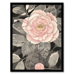 "Artery8 Stylised Pink Camellia Flower Pastel Colour Framed Art Print in Grey - Size: W12"" x H16""" - thumbnail 1