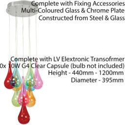 Multi Light Ceiling Pendant 10 Bulb Coloured Glass Chandelier Chrome Lamp Rose - thumbnail 3