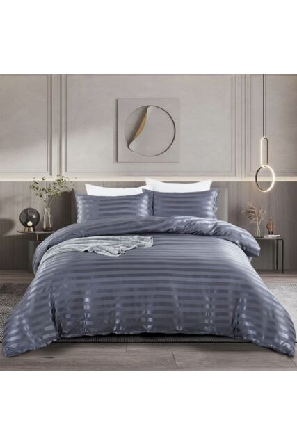 Living and Home Grey Striped Satin Accent Single Duvet Cover Set - 135x200cm Duvet & 50x75cm Pillowcase - image 1