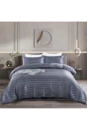 Living and Home Grey Striped Satin Accent Single Duvet Cover Set - 135x200cm Duvet & 50x75cm Pillowcase