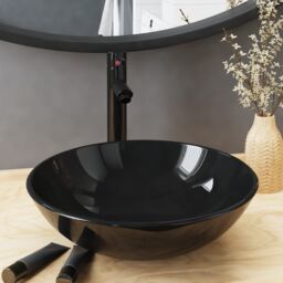 Berkfield Home Bathroom Sink with Tap & Push Drain Black Tempered Glass - thumbnail 1