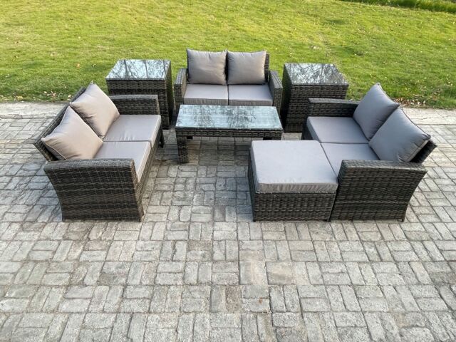 Fimous 7 PCS Outdoor Lounge Sofa Set Wicker PE Rattan Garden Furniture Set with Coffee Table Double Seater Sofa in Dark Grey - image 1