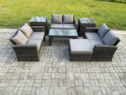 Fimous 7 PCS Outdoor Lounge Sofa Set Wicker PE Rattan Garden Furniture Set with Coffee Table Double Seater Sofa in Dark Grey - thumbnail 1