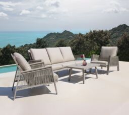 Modish Furnishing Sicily Light Grey Aluminium 5 Seater Sofa Set With Light Grey Cushions in Beige