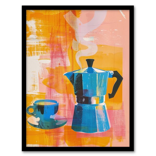 Artery8 Wall Art Print Coffee Pot & Espresso Cup Pink Orange Fun Bright Art Framed Poster in Black - Size: A4 - image 1