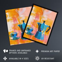 Artery8 Wall Art Print Coffee Pot & Espresso Cup Pink Orange Fun Bright Art Framed Poster in Black - Size: A4 - thumbnail 2
