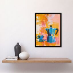 Artery8 Wall Art Print Coffee Pot & Espresso Cup Pink Orange Fun Bright Art Framed Poster in Black - Size: A4 - thumbnail 4