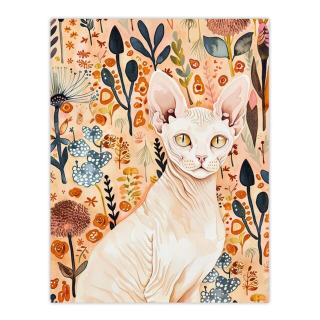 "Artery8 Sphynx Cat in Autumn Wildflowers Watercolour Wall Art Print in Pink - Size: W12"" x H16""" - image 1