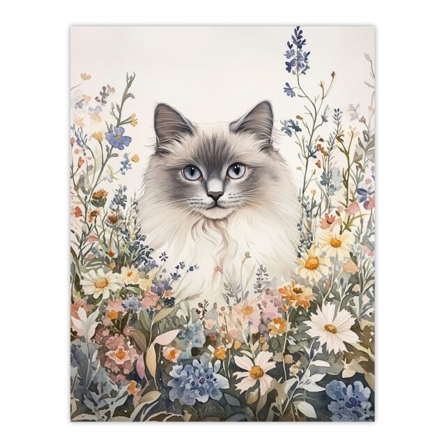 "Artery8 Pet Portrait in Spring Flowers Ragdoll Cat Lover Wall Art Print in Pink - Size: W24"" x H32""" - image 1