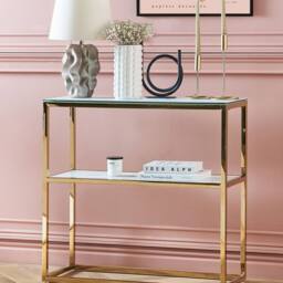 Wyld and Coco Console Table White Gold Toned Stainless Steel and Tempered Glass - thumbnail 1