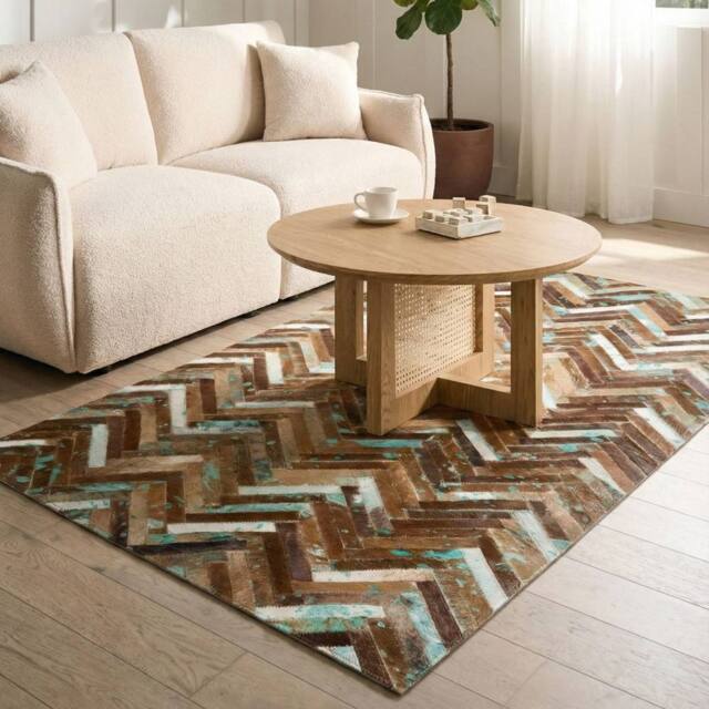 Wyld and Coco Multicolour Cowhide Rug 80 x 150 cm Handcrafted Leather Mosaic in Brown - Size: 80 cm x 150 cm - image 1
