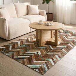 Wyld and Coco Multicolour Cowhide Rug 80 x 150 cm Handcrafted Leather Mosaic in Brown - Size: 80 cm x 150 cm - thumbnail 1