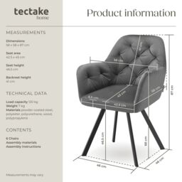 tectake Armchair Lucia Set Of 6 - Anthracite in Dark Grey - Size: 6 Pack - thumbnail 6