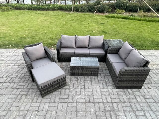 Fimous Patio Garden Furniture Sets Wicker 7 Seater Outdoor Rattan Furniture Sofa Sets with Rectangular Coffee Table Reclining Chair in Dark Grey - image 1