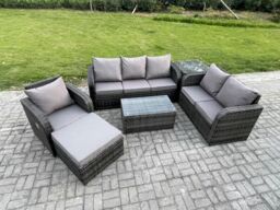 Fimous Patio Garden Furniture Sets Wicker 7 Seater Outdoor Rattan Furniture Sofa Sets with Rectangular Coffee Table Reclining Chair in Dark Grey - thumbnail 2