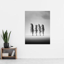Artery8 Wall Art Print Still Holding Strong Black & White Winter Landscape Photograph Wind Blowing on a Row of Cypress Hills Poster - thumbnail 2