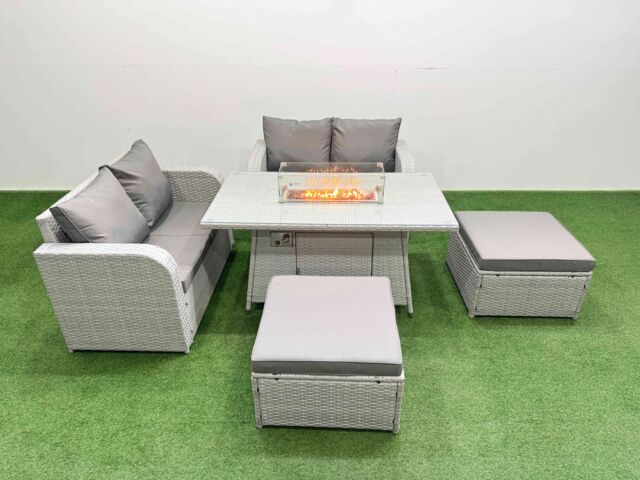 Fimous 6 Seater Outdoor Love Sofa Set Rattan Garden Furniture Set with Firepit Dining Table 2 Footstool Light Grey - image 1