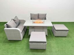 Fimous 6 Seater Outdoor Love Sofa Set Rattan Garden Furniture Set with Firepit Dining Table 2 Footstool Light Grey - thumbnail 1