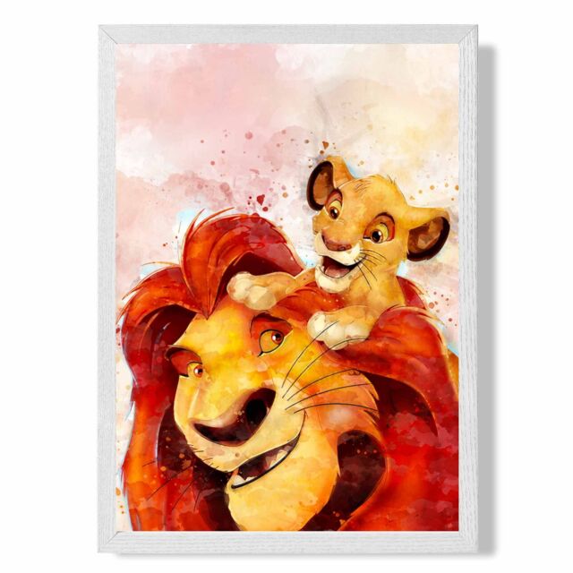 ARTZE Mufasa & Simba Watercolour Lion King Framed Print SIZE: A4 with White Frame in Red - image 1