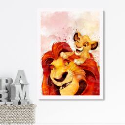 ARTZE Mufasa & Simba Watercolour Lion King Framed Print SIZE: A4 with White Frame in Red - thumbnail 2