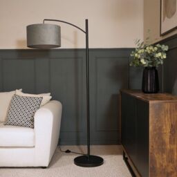 ValueLights Preto Black Metal Curved Floor Lamp With Grey Velvet Shade - thumbnail 3