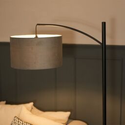 ValueLights Preto Black Metal Curved Floor Lamp With Grey Velvet Shade - thumbnail 5
