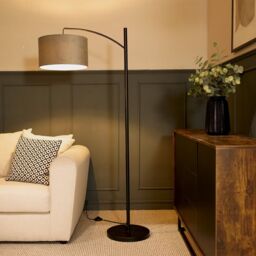 ValueLights Preto Black Metal Curved Floor Lamp With Grey Velvet Shade - thumbnail 1