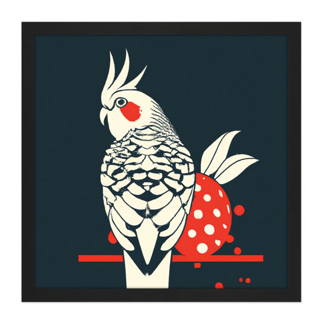 Artery8 Wall Art Print Cockatiel Cockatoo Strawberry Tropical Bird Fruit Modern Retro Style Navy White Red Square Framed Picture 16X16 Inch - image 1