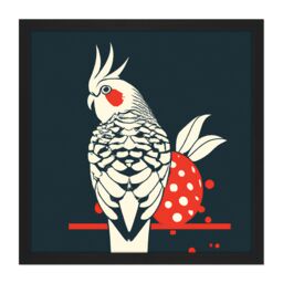 Artery8 Wall Art Print Cockatiel Cockatoo Strawberry Tropical Bird Fruit Modern Retro Style Navy White Red Square Framed Picture 16X16 Inch - thumbnail 1