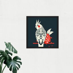 Artery8 Wall Art Print Cockatiel Cockatoo Strawberry Tropical Bird Fruit Modern Retro Style Navy White Red Square Framed Picture 16X16 Inch - thumbnail 2