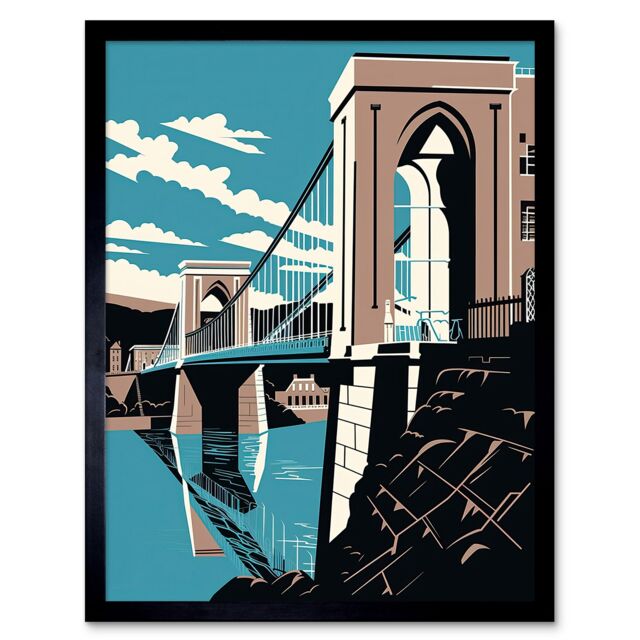 "Artery8 Wall Art Print Clifton Suspension Bridge Tan Brown Blue Linocut Art Framed in Black - Size: W12"" x H16""" - image 1