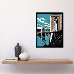 "Artery8 Wall Art Print Clifton Suspension Bridge Tan Brown Blue Linocut Art Framed in Black - Size: W12"" x H16""" - thumbnail 2