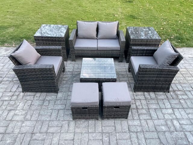 Fimous Rattan Wicker Garden Furniture Patio Conservatory Sofa Set with Square Coffee Table Armchair 2 Small Footstools in Dark Grey